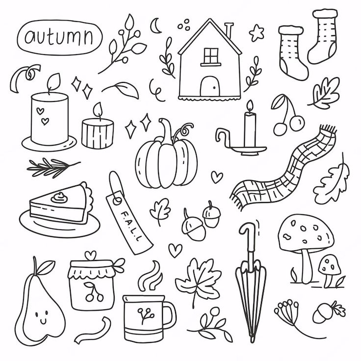 an image of autumn doodles with leaves and other things to draw on the page