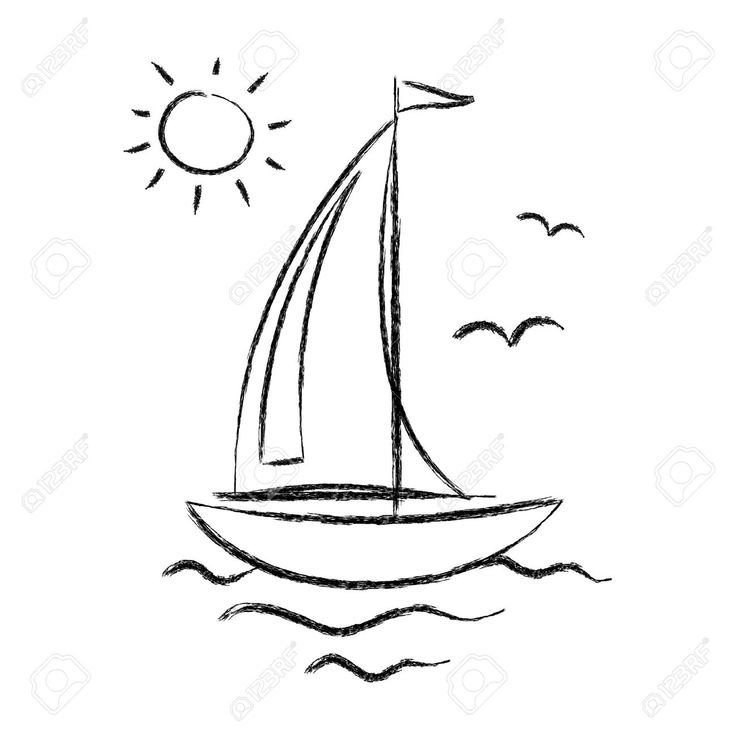 a drawing of a sailboat on the water with birds flying around it and sun in the background