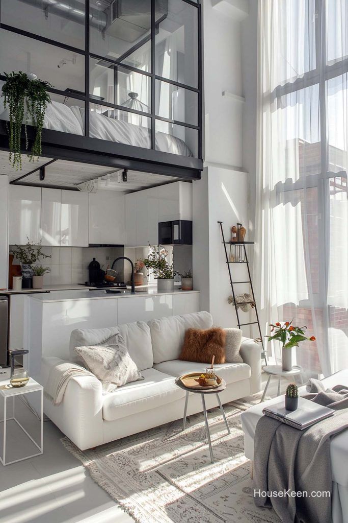 a living room filled with white furniture and lots of window sill above the couch