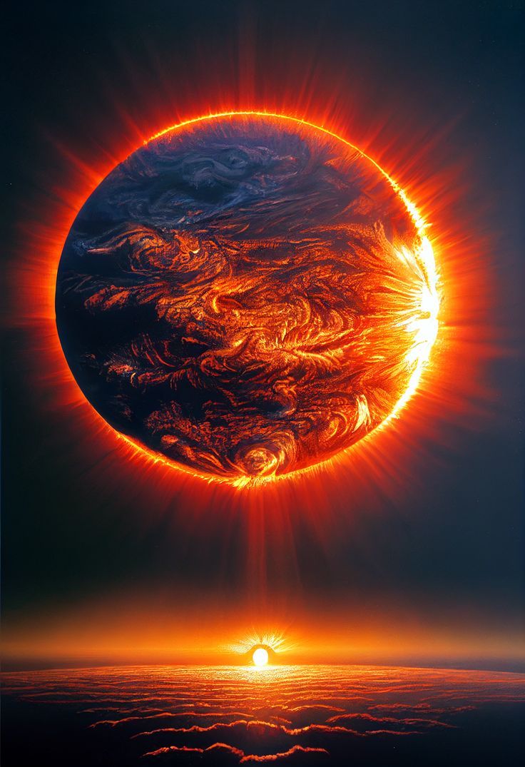 the sun is shining brightly in front of an orange and blue background with swirling clouds