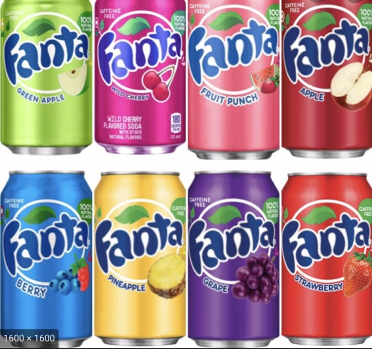 six cans of fanta fruit punch are shown in different colors and flavors, each with an apple on the top