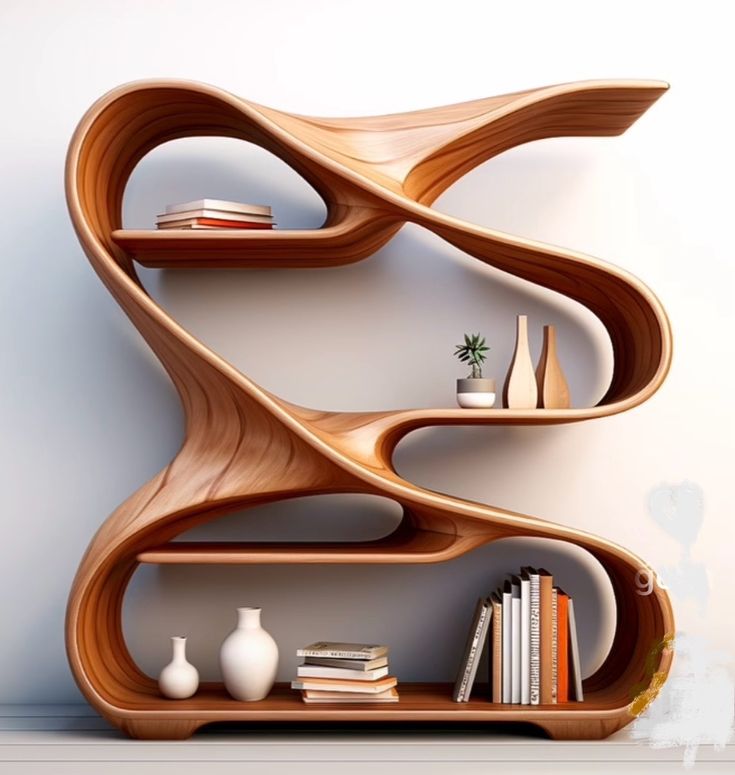 an unusual wooden shelf with books and vases on it's sides, in front of a white wall