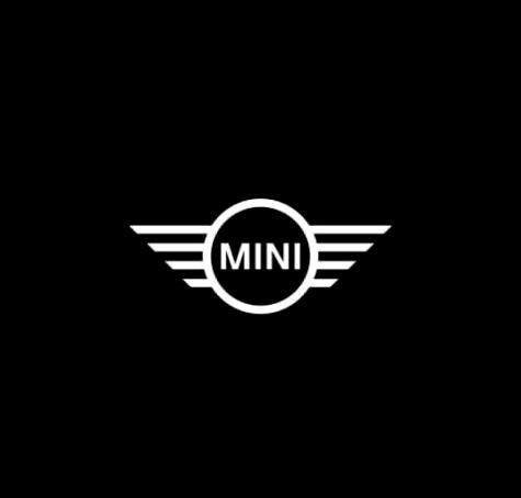 the mini logo is shown in black and white, with an angel wing on it