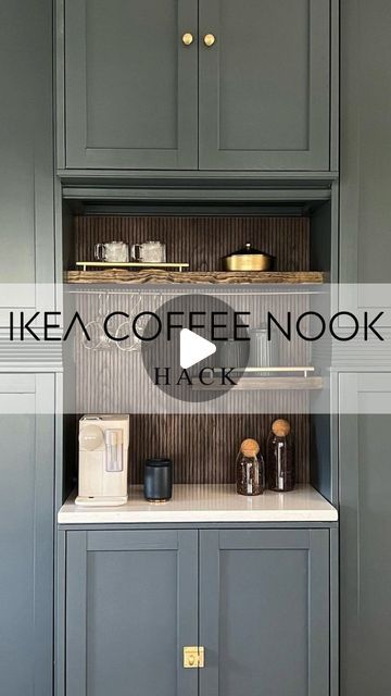 a kitchen with gray cabinets and white counter tops, the words ikea coffee nook above it