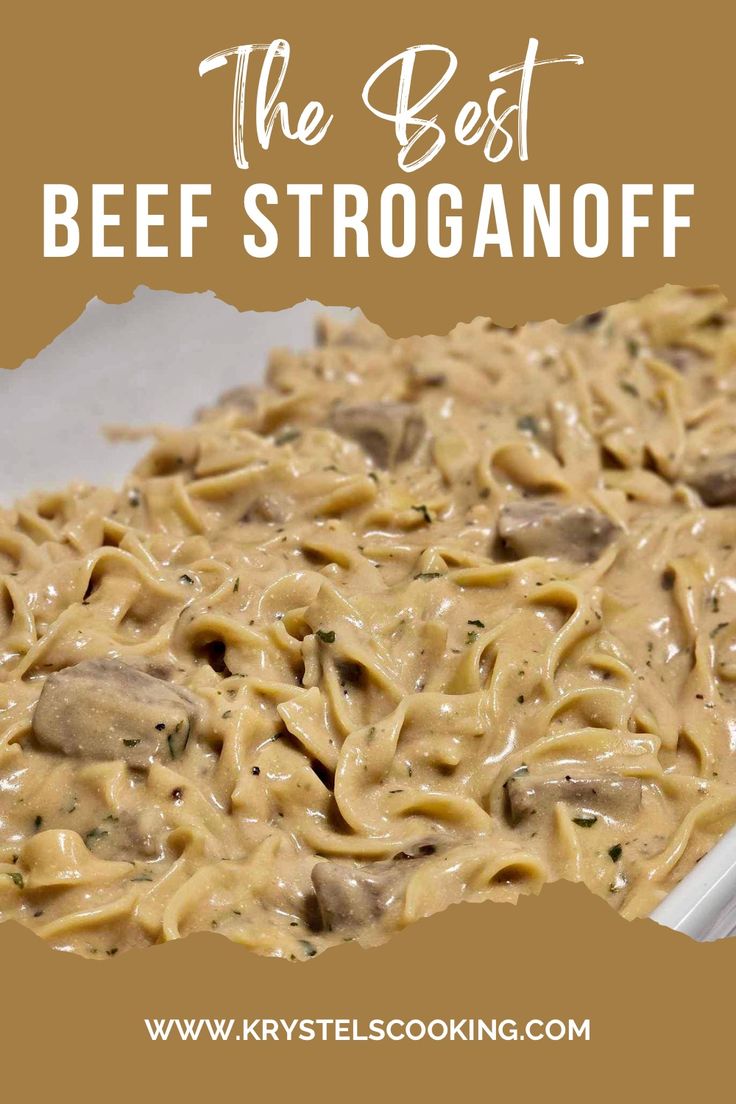 the best beef stroganonoff recipe in a white bowl with text overlay