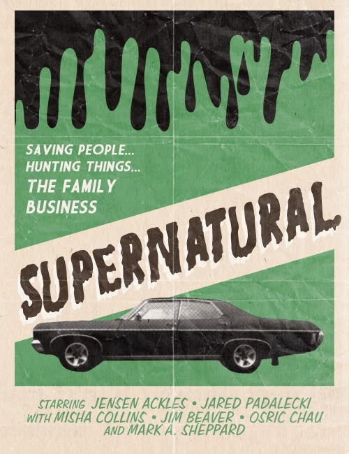 an advertisement for the supernatural movie supernatural, featuring a black car in front of a green background