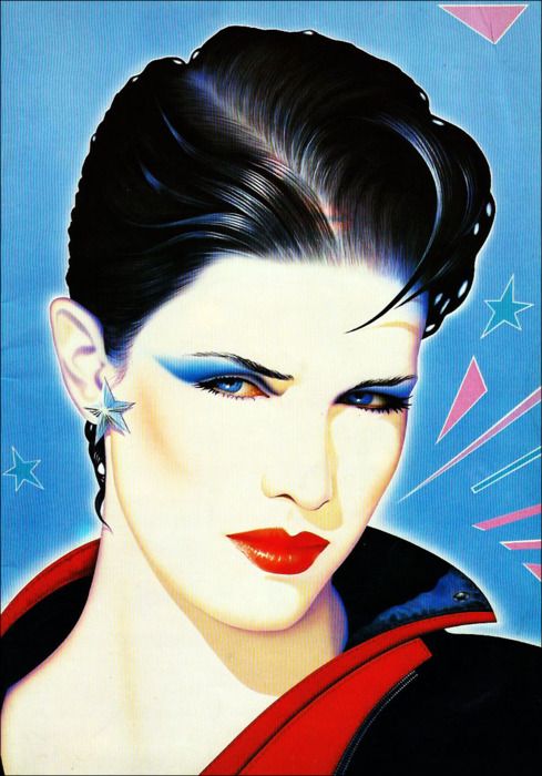 a painting of a woman with black hair and blue eyeshades, wearing red lipstick