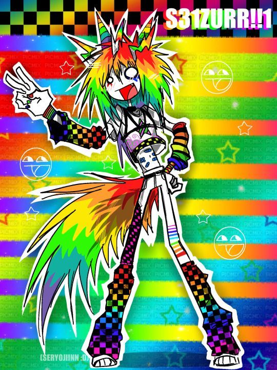 an anime character with multicolored hair standing in front of a rainbow striped background