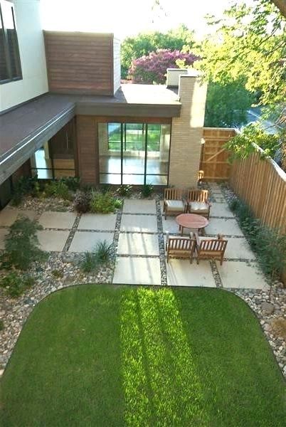 an aerial view of a backyard with lawn and patio furniture