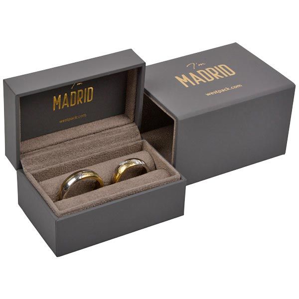 two gold wedding rings in a black box with the lid open to show it's inside