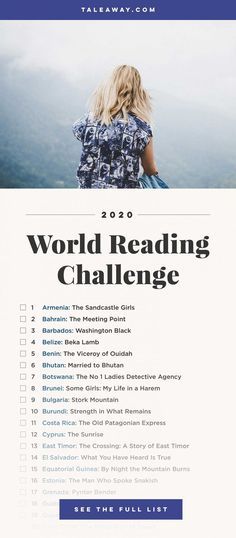 the world reading challenge is shown in blue and white with an image of a woman looking out