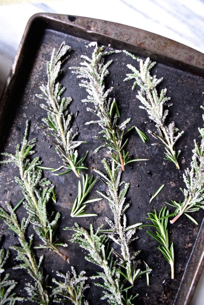 rosemary sprigs on a baking tray ready to be cooked