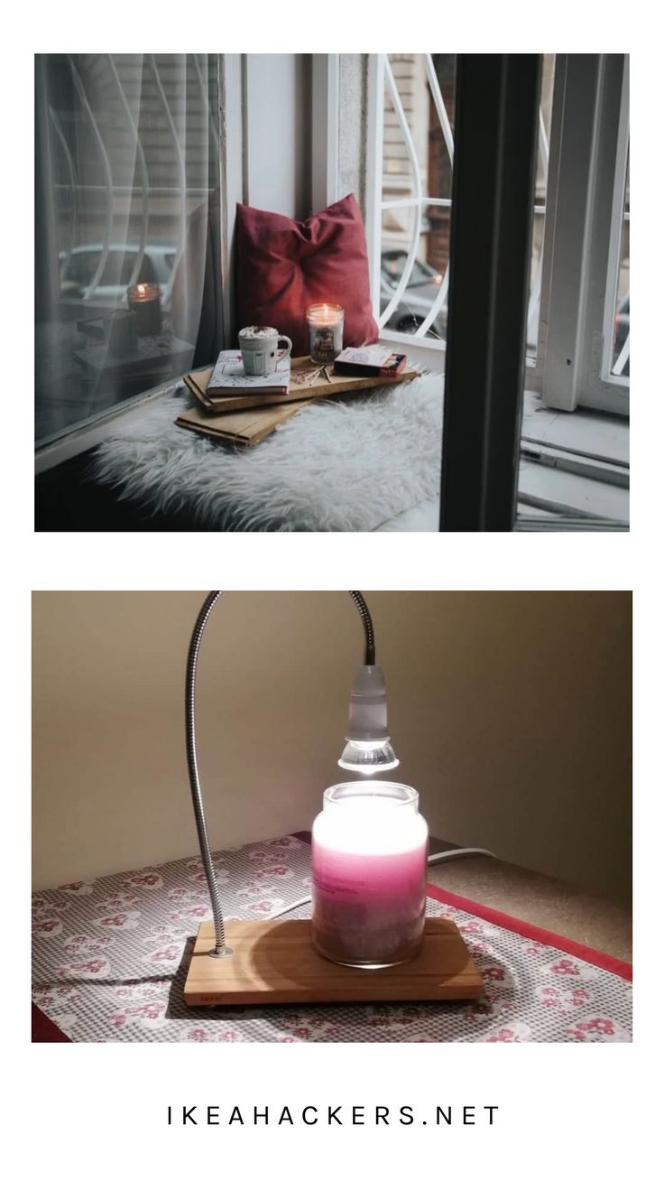 two different pictures one with a lamp and the other with a pink liquid in it