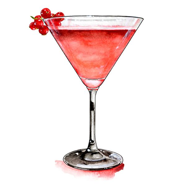 a watercolor drawing of a pink cocktail with a garnish on the rim