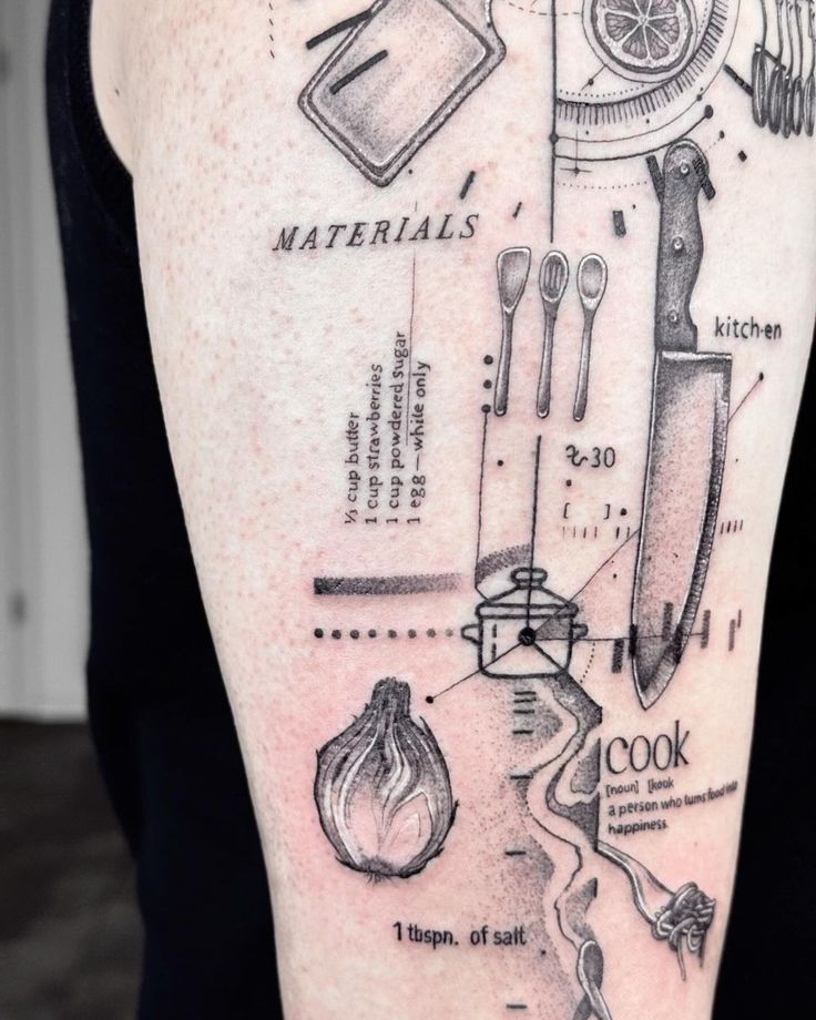 a person with a tattoo on their arm and knifes, spoons, fork and pepper shaker