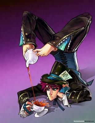 an anime character holding a cup and saucer in his hand while sitting on the ground