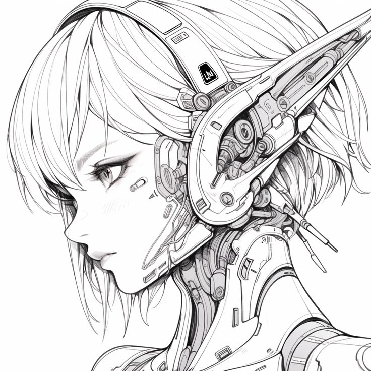 a drawing of a woman with futuristic hair and eyeliners, wearing a helmet