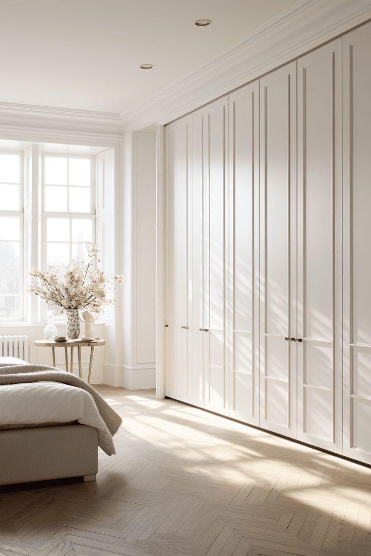 a bedroom with white walls and flooring next to a bed in front of a window