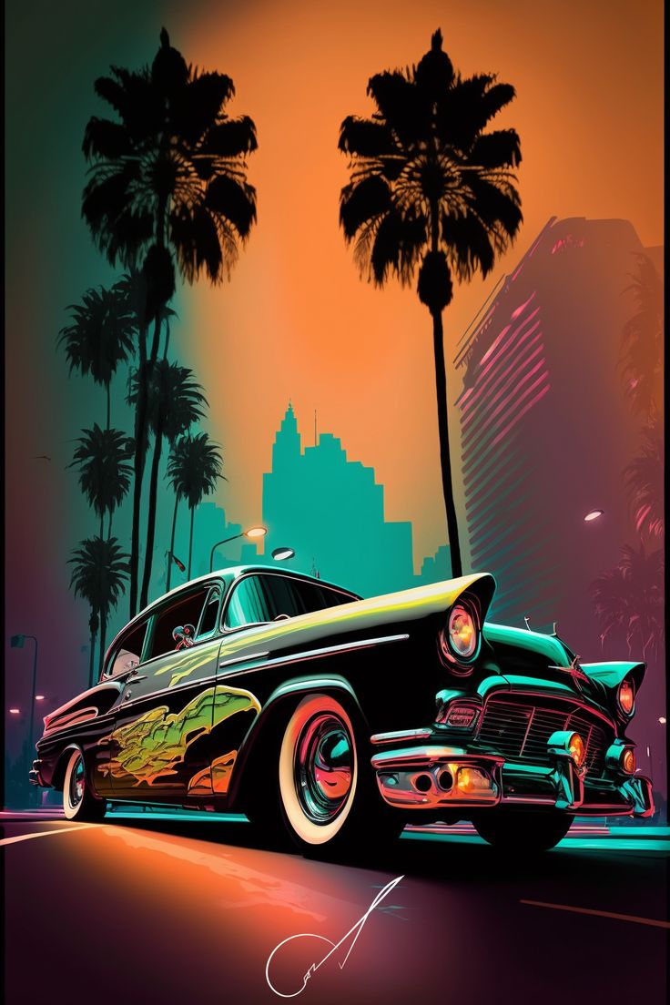 an old car is parked on the street in front of some palm trees and buildings