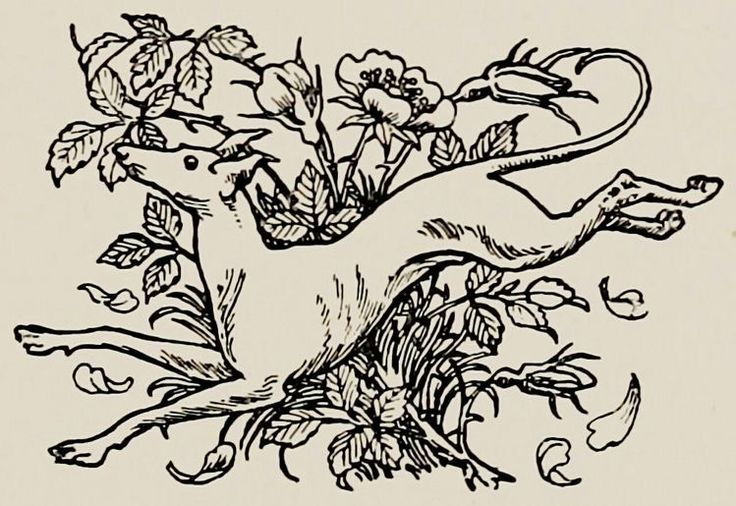 a drawing of a dog with flowers in it's mouth and leaves on its back