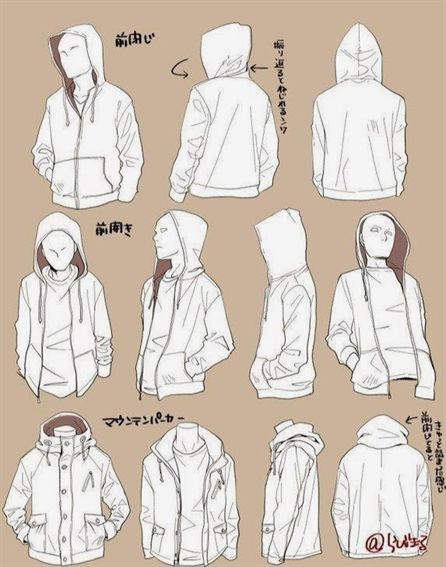 an anime character's hoodie is shown in several different positions, including the front and