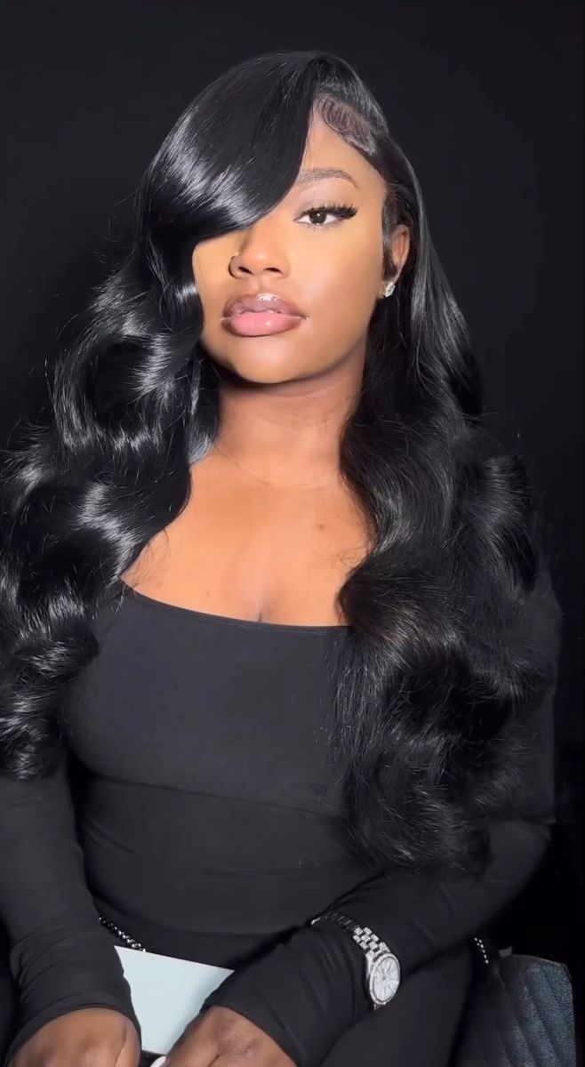 Prom Wigs Hairstyles, See In Side Part Curly, Curled Black Hairstyles, Long Side Part With Curls, Bodywave Closure Wig Hairstyles, Black Lace Front Side Part, Side Part Wig Loose Curls, 22 Inch Body Wave Wig Side Part, Black Hair Styles For Prom