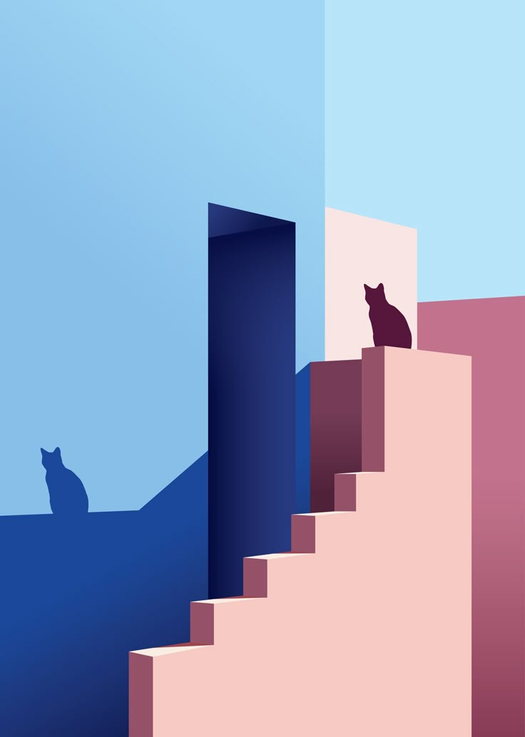 a cat sitting on top of a set of stairs next to a blue sky and pink wall