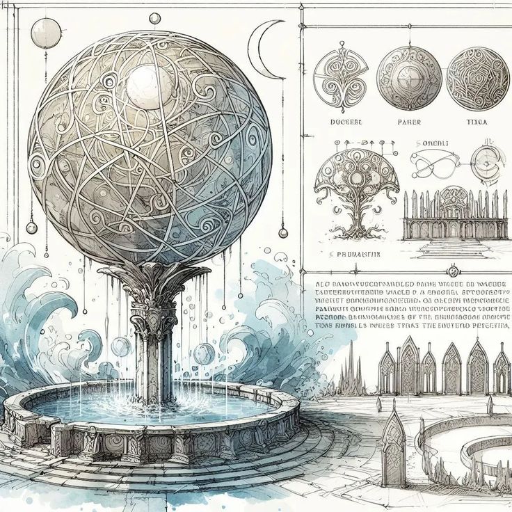 an artistic drawing of a sphere in the middle of a fountain with various elements surrounding it