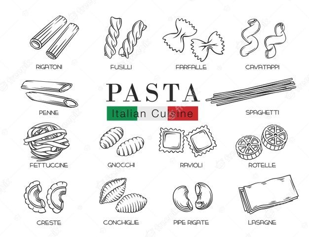 the italian cuisine icons are drawn in black and white, including pasta, breads, cheese