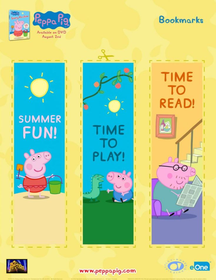 three bookmarks with peppa pig characters and the words time to read, time to play