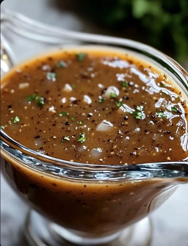 a glass bowl filled with brown sauce and garnished with parsley on top