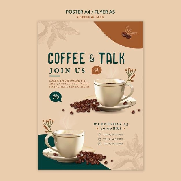 coffee and talk flyer with two cups of coffee on the side, surrounded by beans