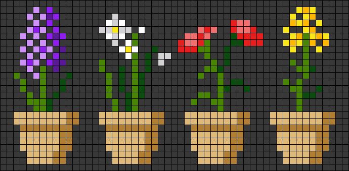 four potted plants with flowers in them on a black background, cross stitch pattern