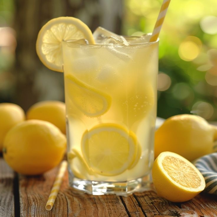 a glass filled with lemonade sitting on top of a table next to sliced lemons