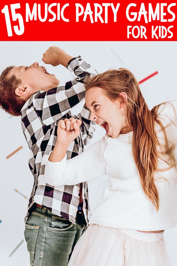 two children are playing with each other in front of a red sign that says 15 music party games for kids