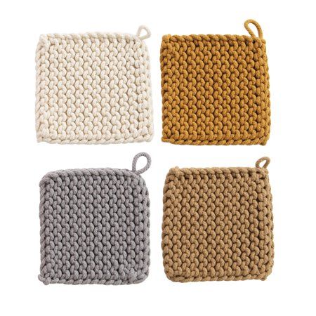 four crocheted potholders with handles in various colors and sizes are shown on a white background