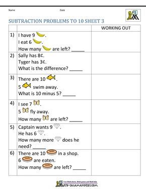 worksheet for subtraction problems to help students learn how to use them