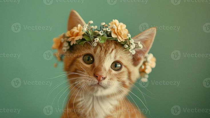 a cat wearing a flower crown on top of it's head and looking at the camera