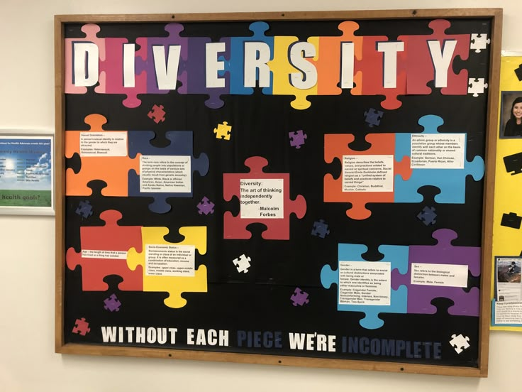 a bulletin board with pieces of puzzles on it that read diversity without each piece were incomplete