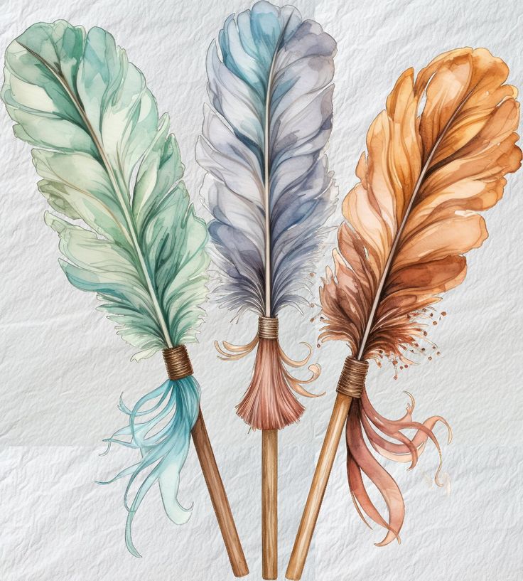 three colorful feathers are on top of each other, one is brown and one is blue