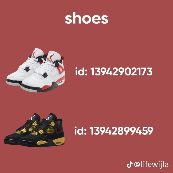 three pairs of shoes in different colors and sizes on a red background with words above them