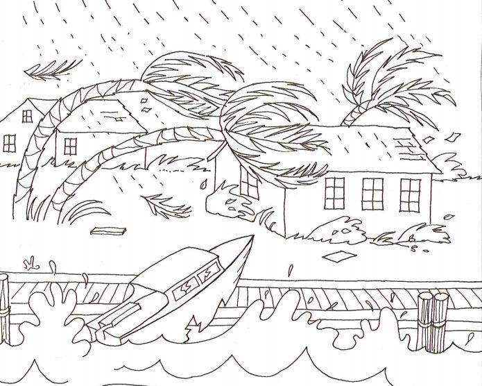 a black and white drawing of a boat in the water near a house with palm trees