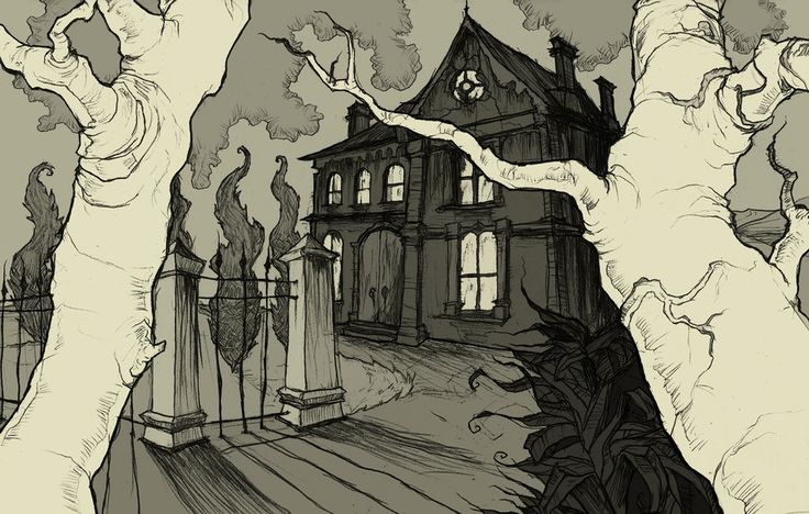 a drawing of a creepy house with hands reaching out to the ground and trees in front of it