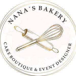 the logo for nana's bakery is shown in gold and white with a whisk on it