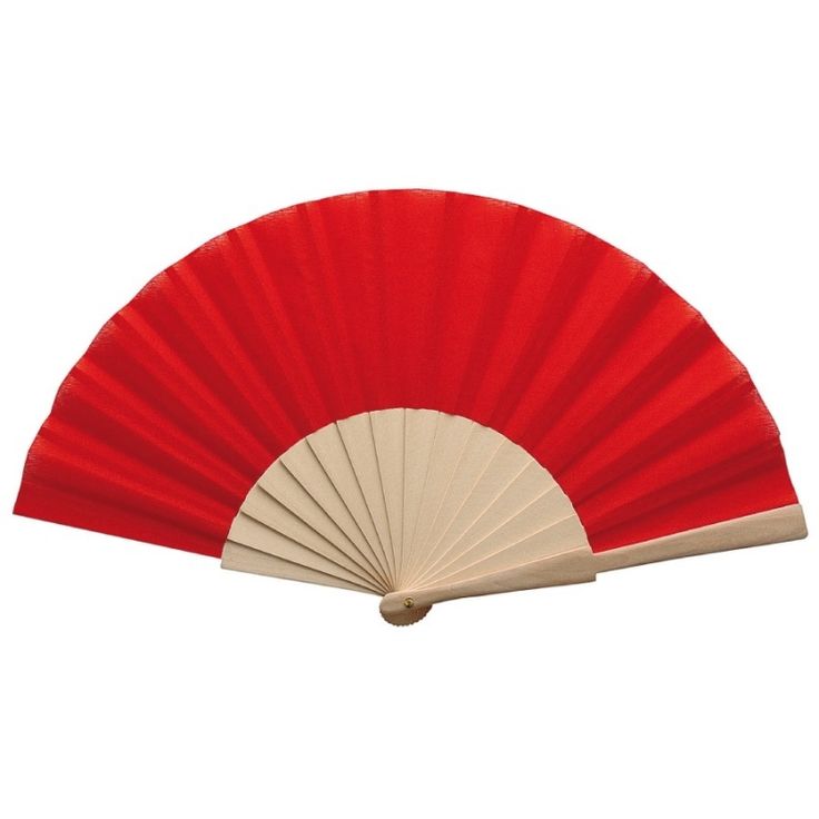 a red and beige fan on a white background