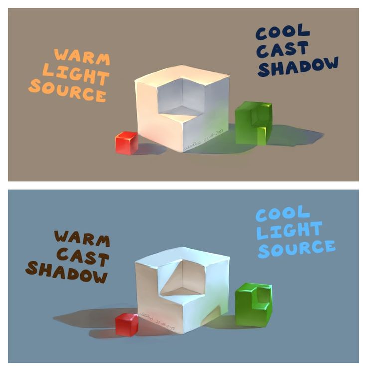 two different colored boxes with the words cool light source and warm light shadow