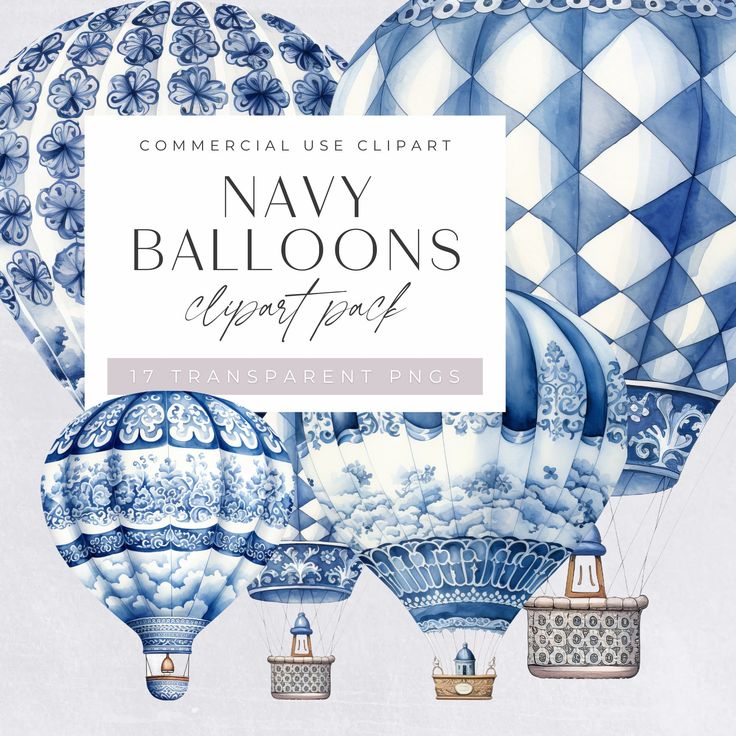 some blue and white hot air balloons with the words commercial use clipart navy balloons