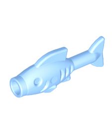 a blue plastic fish shaped object on a white background