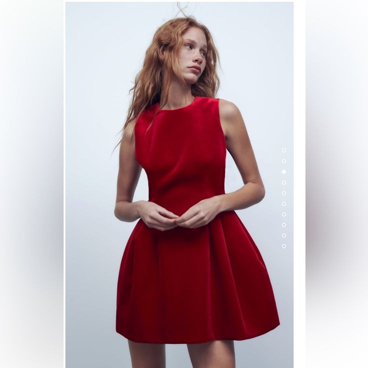 Sleeveless Mini Dress With Round Neckline. Balloon Skirt. Back Hidden Inseam Zip Closure. Zara Velvet Dress, Sleeveless Velvet Dress, Velvet Dress Short, Zara Mini Dress, Velvet Mini Dress, Red Velvet Dress, Jacquard Dress, Mini Velvet Dress, Pink Mini Dresses