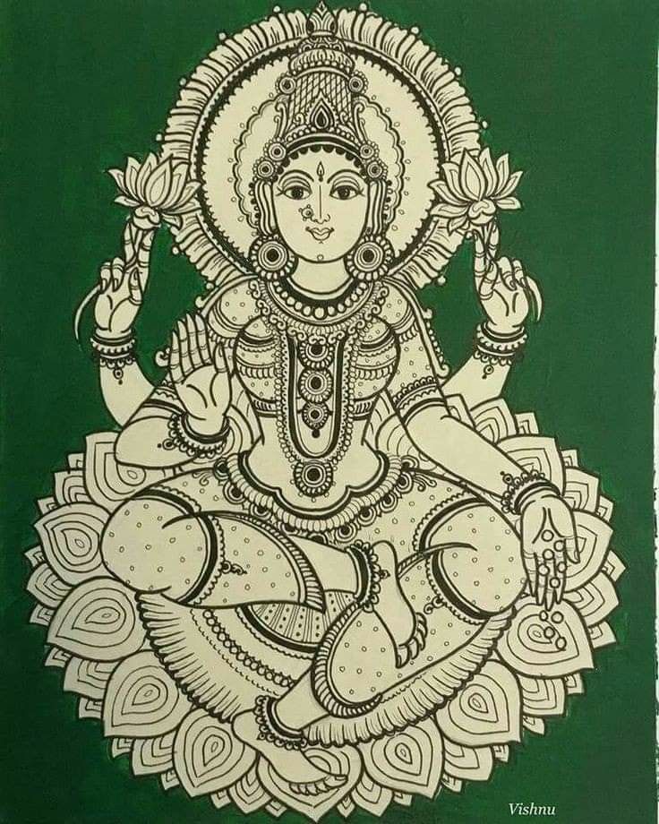 Kalamkari Painting Saraswati, Saraswati Devi Mandala Art, Kalamkari Saraswati Painting, Saraswathi Devi Drawing, Saraswati Devi Drawing Sketch, Pattachitra Art Paintings, Saraswati Madhubani Painting, Saraswati Devi Painting, Saraswati Mandala Art